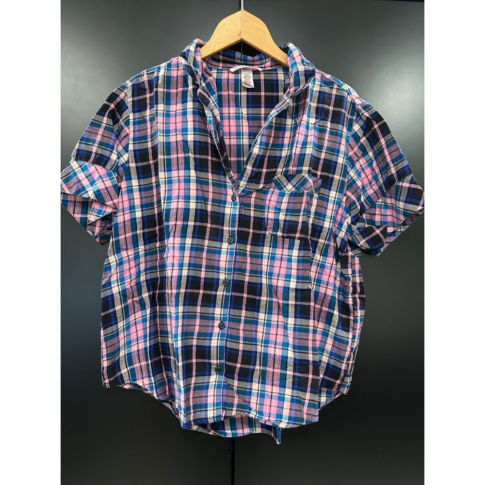 Victorias Secret Plaid Button Up Shirt Pink Blue Gold Lurex Short Sleeve Medium